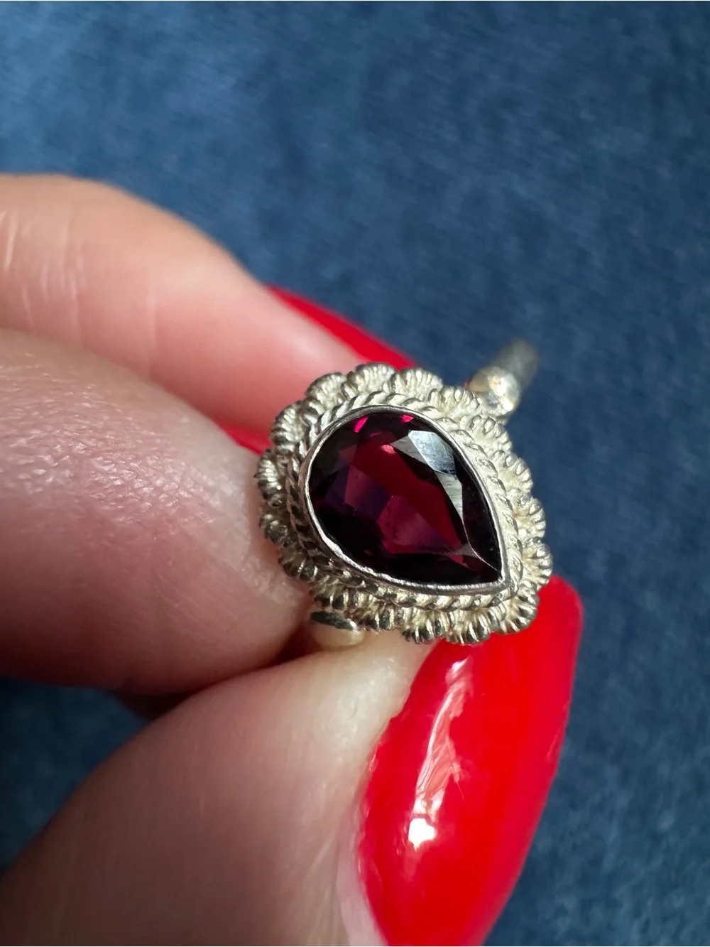 Vintage Red Garnet‎ Teardrop Ring 925 Sterling Silver Handmade Ring Size 7